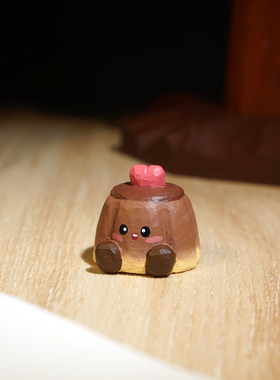 “焦糖布丁”手工木雕小摆件可爱卡通蛋糕工位桌面创意女生礼物