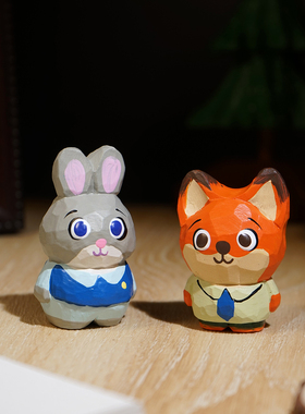 “朱迪和尼克”手工木雕小摆件可爱卡通动漫工位书桌面装饰品礼物