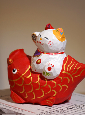 年年有余招财猫手工木雕小摆件