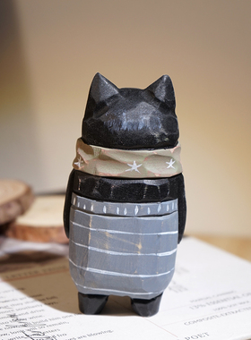 星星围脖黑猫手工木雕小摆件