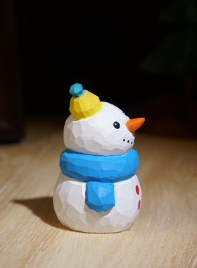 黄帽蓝围脖雪人手工木雕小摆件圣诞节日氛围感布置工位桌面装饰品