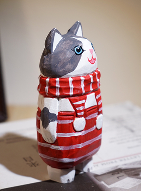 纳福红围脖猫手工木雕小摆件