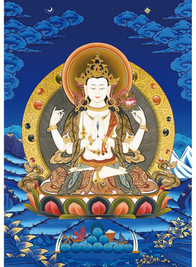 四臂观音佛像彩蓝唐卡画实木框画