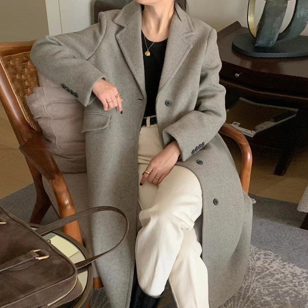 韩国东大门法式高级感气质西装领宽松百搭过膝长款毛呢外套女大衣,淘宝优惠券,粉丝福利购,淘宝优惠卷