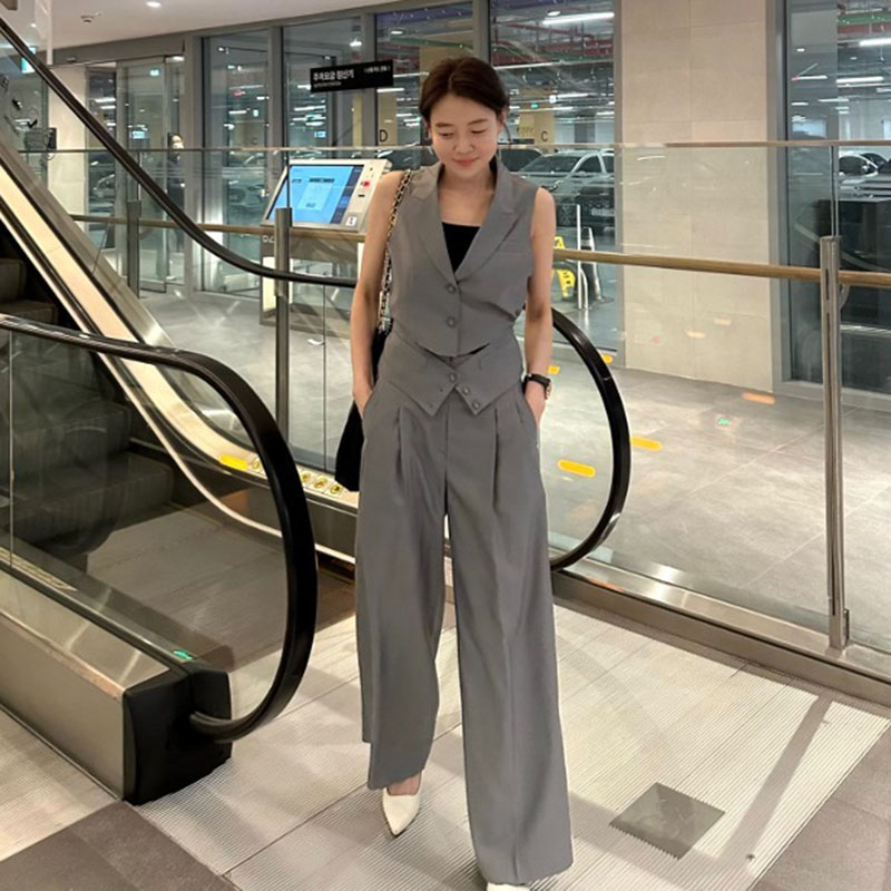 韩国东大门法式气质西装马甲背心女+高腰宽松直筒阔腿西裤两件套 - 图0