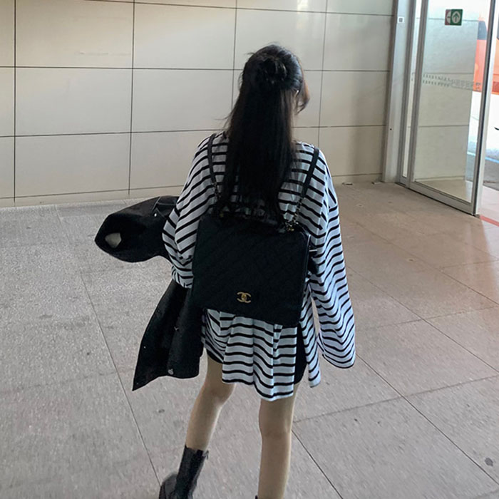 韩国东大门2023秋季慵懒风宽松长袖套头t恤女开叉中长款条纹上衣 - 图3