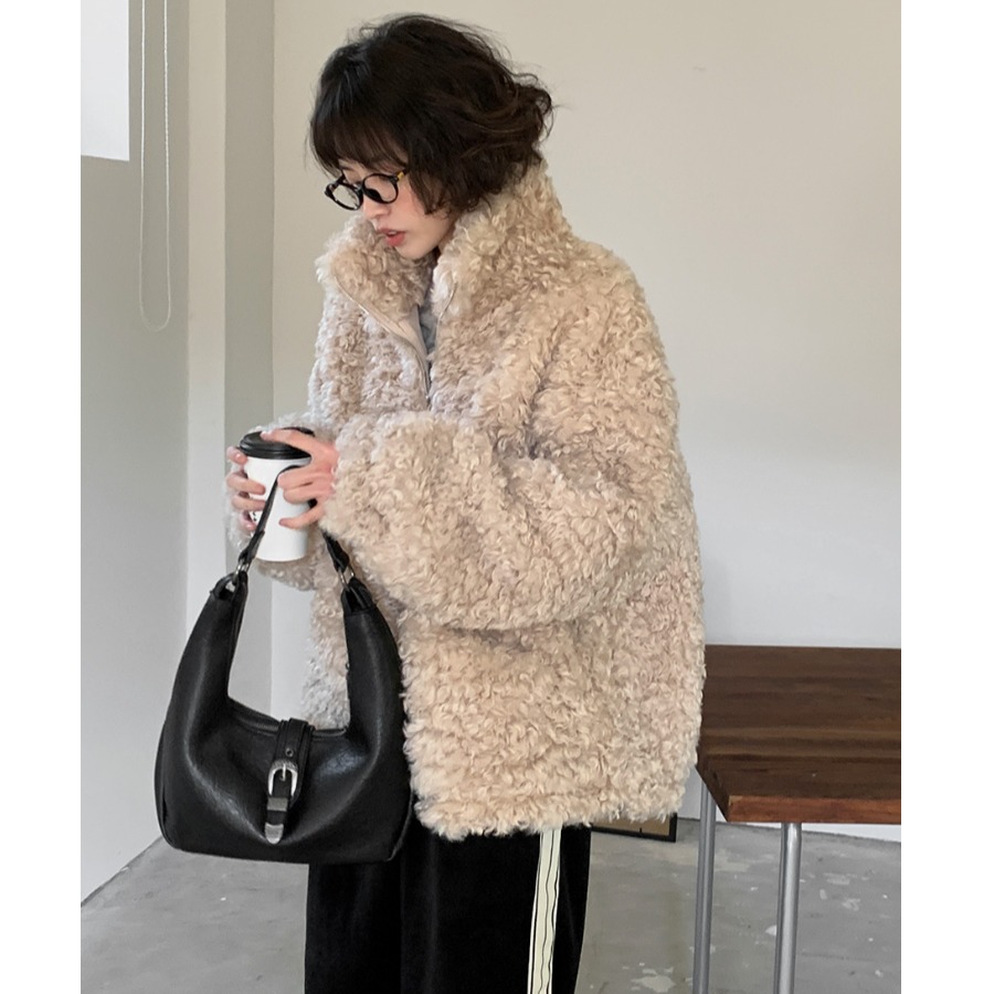 韩国东大门冬季立领毛圈仿皮草短款宽松软糯拉链保暖羊羔毛外套女 - 图2