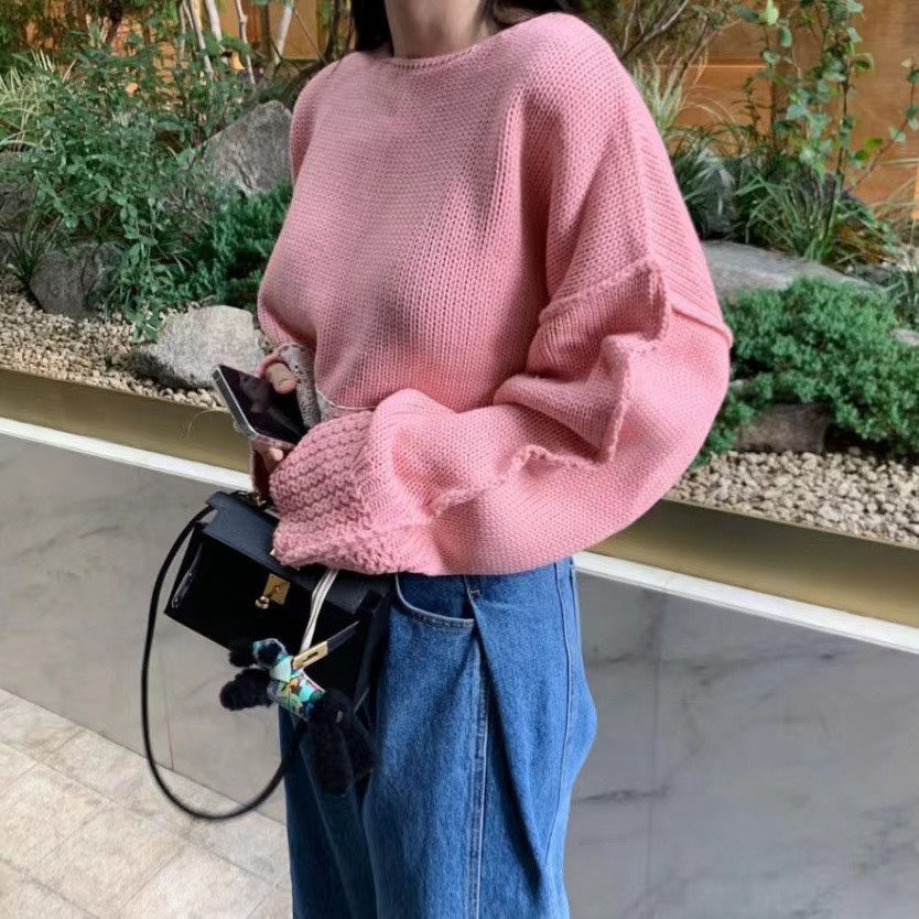 韩国东大门2024秋装设计感拼接蕾丝针织衫女喇叭袖宽松短款毛衣,淘宝优惠券,粉丝福利购,淘宝优惠卷