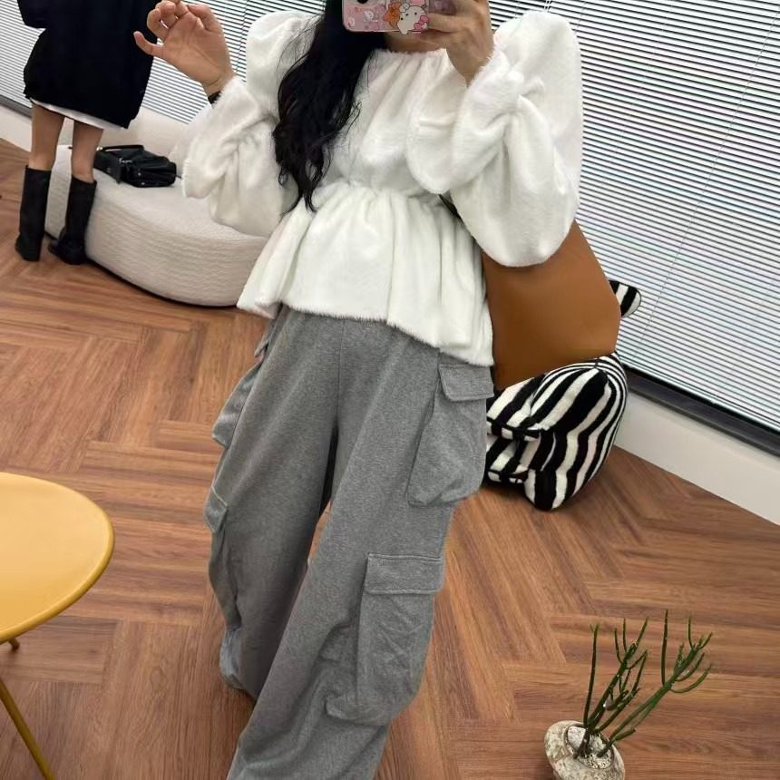 韩国东大门纯色圆领套头泡泡袖抽绳收腰短款毛毛衬衫女娃娃衫,淘宝优惠券,粉丝福利购,淘宝优惠卷