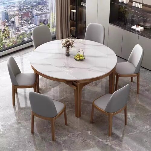 岩板餐桌椅组合现代简约轻奢家用小户型伸缩折叠可变圆形实木饭桌 - 图1