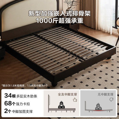 全友家居法式复古风黑色皮床1米8双人床卧室新款实木床脚软包家具 - 图2