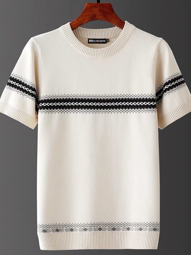 秋冬新款男士短袖毛衣半截袖圆领加厚提花修身大码针织衫打底线衣 - 图1