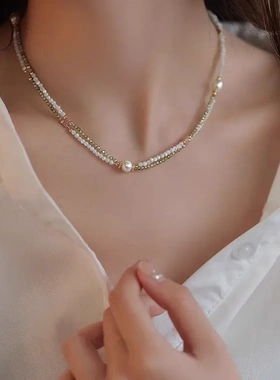 巴异形淡水珍珠绿色锆石串珠项链轻奢小众锁骨链星星水滴颈链手工