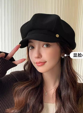 英伦复古毛呢黑色八角帽女款秋冬