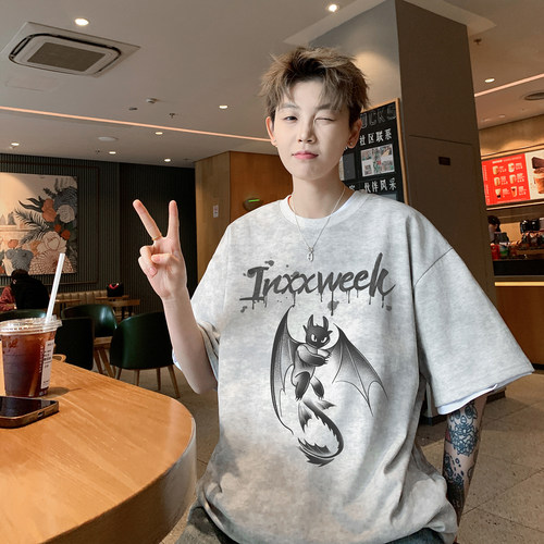 男短袖扎染潮流t恤2026新款麂皮重磅美式高街无牙仔印花半袖大码 - 图1