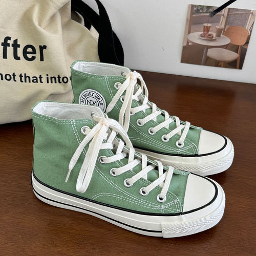 薄荷绿时尚青春潮流男女同款百搭学院系带港风休闲经典复古帆布鞋 - 图0