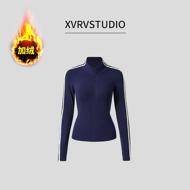 XVRV秋冬新款撞色条纹半拉链广场舞磨毛长袖显瘦百搭立领打底衫
