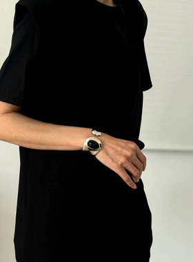 欧美风新款黑色玛瑙开口手镯女时尚个性高级感小众设计气质手环潮