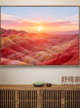 鸿运当头沙发背墙装饰画火土挂画丹霞靠山紫气东来风水画定制