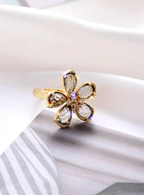 轻奢超闪水晶花瓣日韩活口戒指