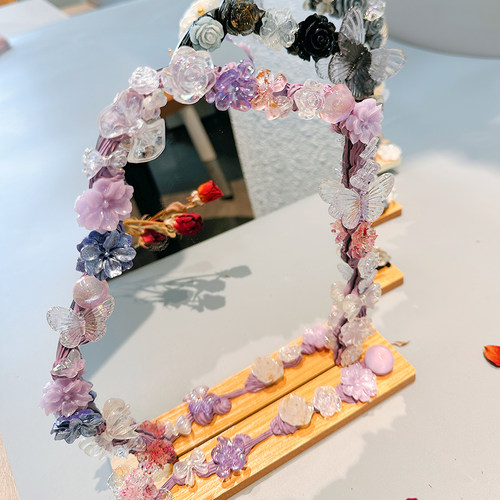 玫瑰花化妆镜手工diy制作奶油胶材料包镜子儿童礼物珍珠配件树脂 - 图1