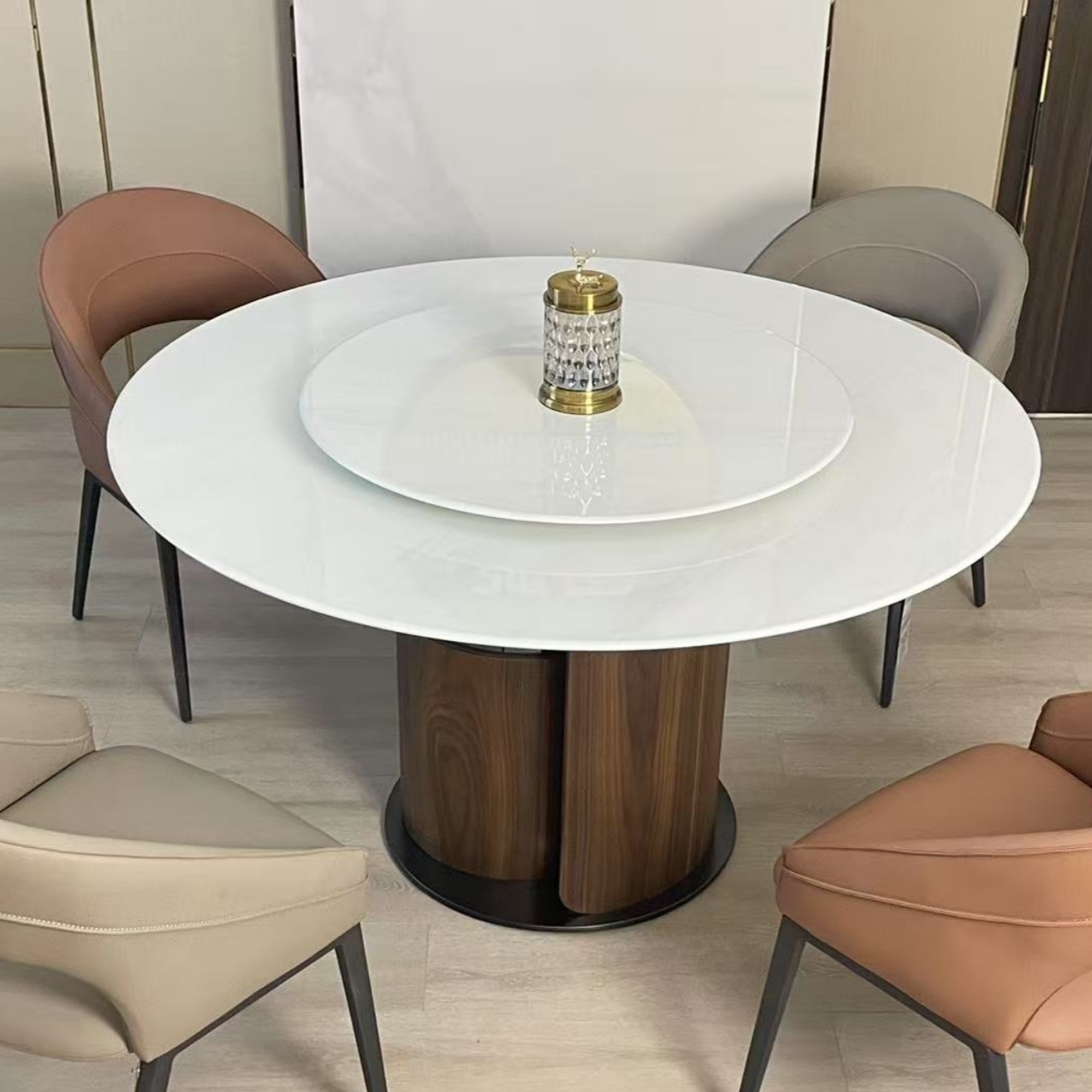 CZ028意式极简大理石微晶石圆餐桌1.35米圆餐台胡桃色带转盘餐桌 - 图0