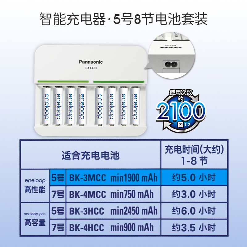 松下爱乐普高性能5号可充电电池8节CC63智能八槽充电器套装三洋eneloop数码相机闪光灯AA镍氢可以充电池 - 图2