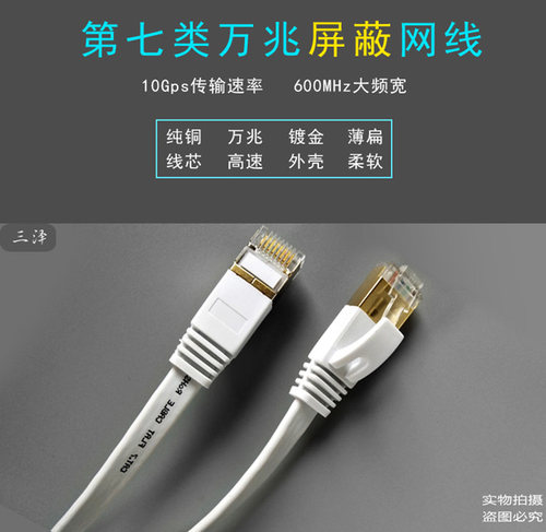 三泽七类双屏蔽网线 无氧铜CAT7万兆成品电脑扁线镀金头 0.2/30米 - 图0