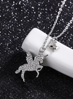 炫彩独角兽纯银项链女网红简约生日礼物锁骨链吊坠小众设计百搭
