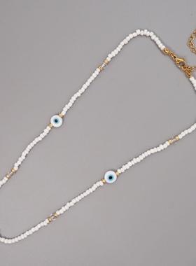 22年新款波西米亚民族风白色玻璃米珠恶魔之眼个性ins锁骨项链女