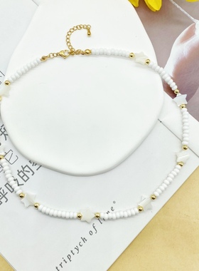 小众饰品欧美风贝壳五角星白色米珠串珠项链 气质女生锁骨颈链女