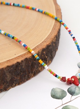 ins小众设计捷克玻璃彩虹米珠项链女 波西米亚风天然珍珠锁骨项链