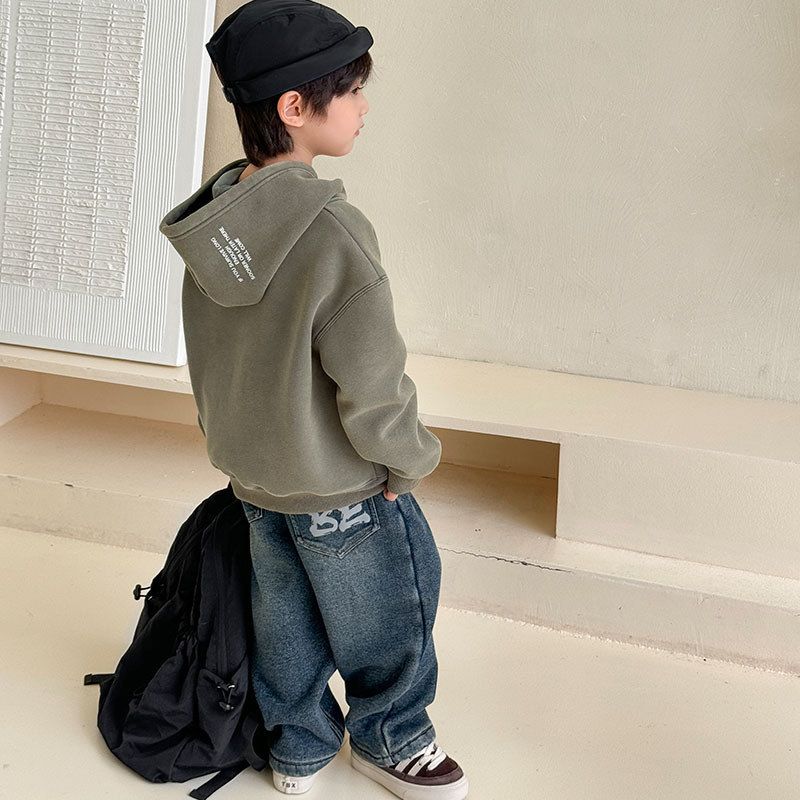 赛杜男童冬季童装字母印花加绒加厚冬装牛仔裤韩版 - 图1