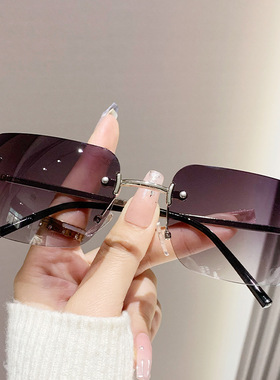 无框切边镶钻墨镜女茶色高级感渐变色圆脸太阳镜海边拍照防紫外线