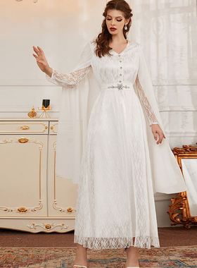 9017白色蕾丝手工缝钻长裙披风跨境外贸晚礼服Arab women's dress