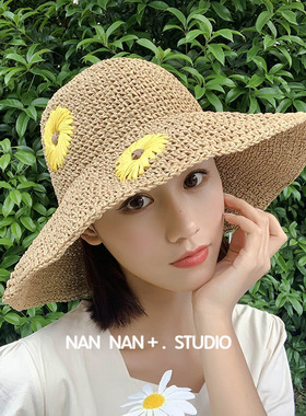 夏季大檐花朵编织渔夫防晒帽女