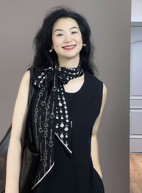 轻奢高级感！黑色长条桑蚕丝真丝丝巾女2026新款系脖高级感围巾
