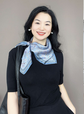 轻奢高级感！雾霾蓝色真丝丝巾女2026新款100%桑蚕丝65方巾领巾