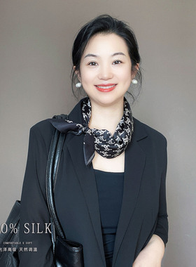 黑色字母真丝小方巾丝巾女2026新款气质100%桑蚕丝丝绸小领巾围巾