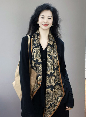 轻奢款！黑色图腾棉麻围巾女春秋薄款护颈装饰长条飘带丝巾小围脖