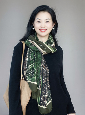 绿色腰果花棉麻围巾女冬季百搭长款春秋文艺时尚保暖围脖披肩两用