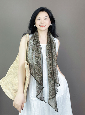 高级老钱风！墨绿色腰果碎花乔其纱长条桑蚕丝真丝丝巾女纱巾飘带