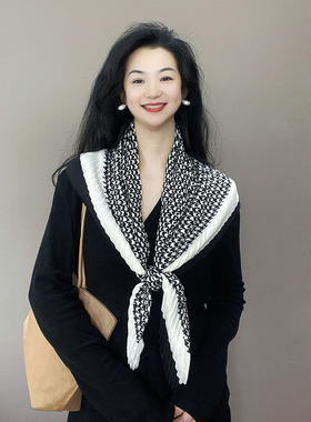 黑白千鸟格褶皱棉麻围巾女春秋薄款90大方巾护颈装饰披肩围脖丝巾