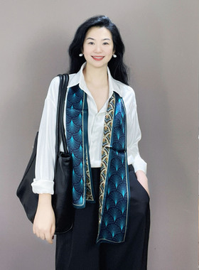 蓝黄色双面花纹100%真丝长条丝巾女桑蚕丝高级感护颈围巾飘带领巾