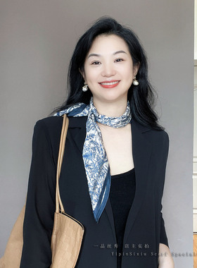 轻奢高级感！蓝色缎面真丝丝巾女士65方巾春秋高档桑蚕丝领巾送礼