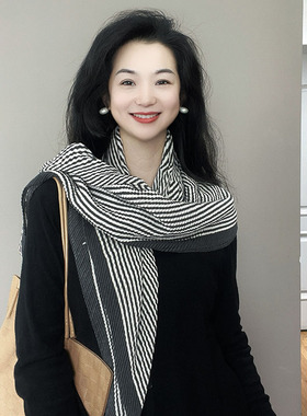 灰白色条纹褶皱棉麻围巾女春秋薄款90大方巾护颈装饰披肩围脖丝巾