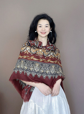 轻奢风！枣红色腰果花民族风披肩外搭女士2025新款围巾搭配裙子