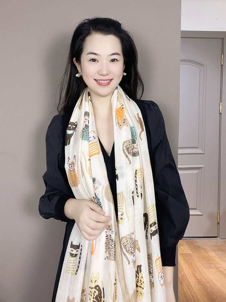 棉麻围巾女米色小猫图案时尚洋气春夏季护颈旅游防晒拍照披肩领用,淘宝优惠券,粉丝福利购,淘宝优惠卷