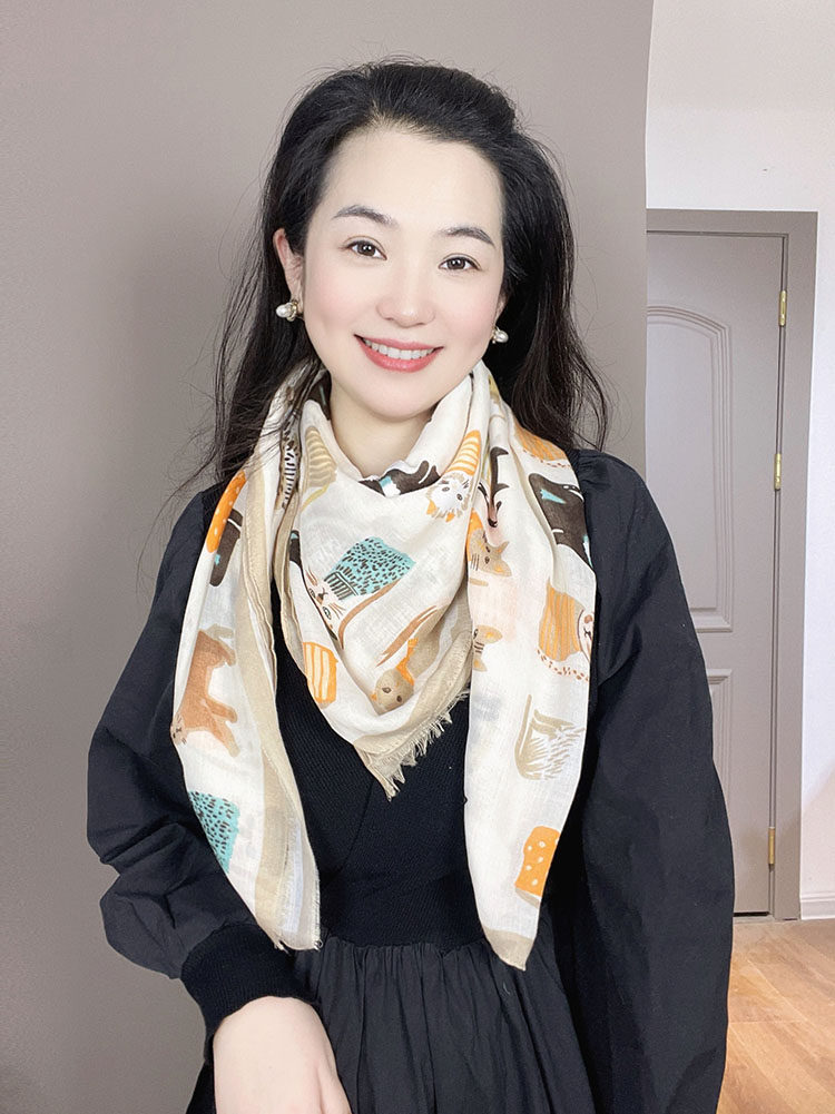 棉麻围巾女米色小猫图案时尚洋气春夏季护颈旅游防晒拍照披肩领用,淘宝优惠券,粉丝福利购,淘宝优惠卷