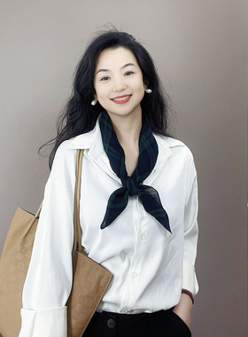 文艺知性！蓝绿色格子100%纯麻小方巾女护颈装饰小围巾衬衣小丝巾